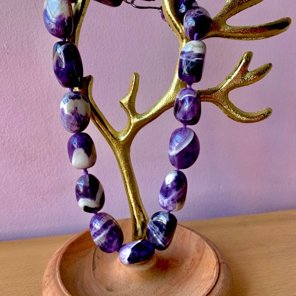 HUGE VINTAGE DESIGNER AMETHYST MARBLED BEADS NECKLACE 925 STERLING SILVER LOCK